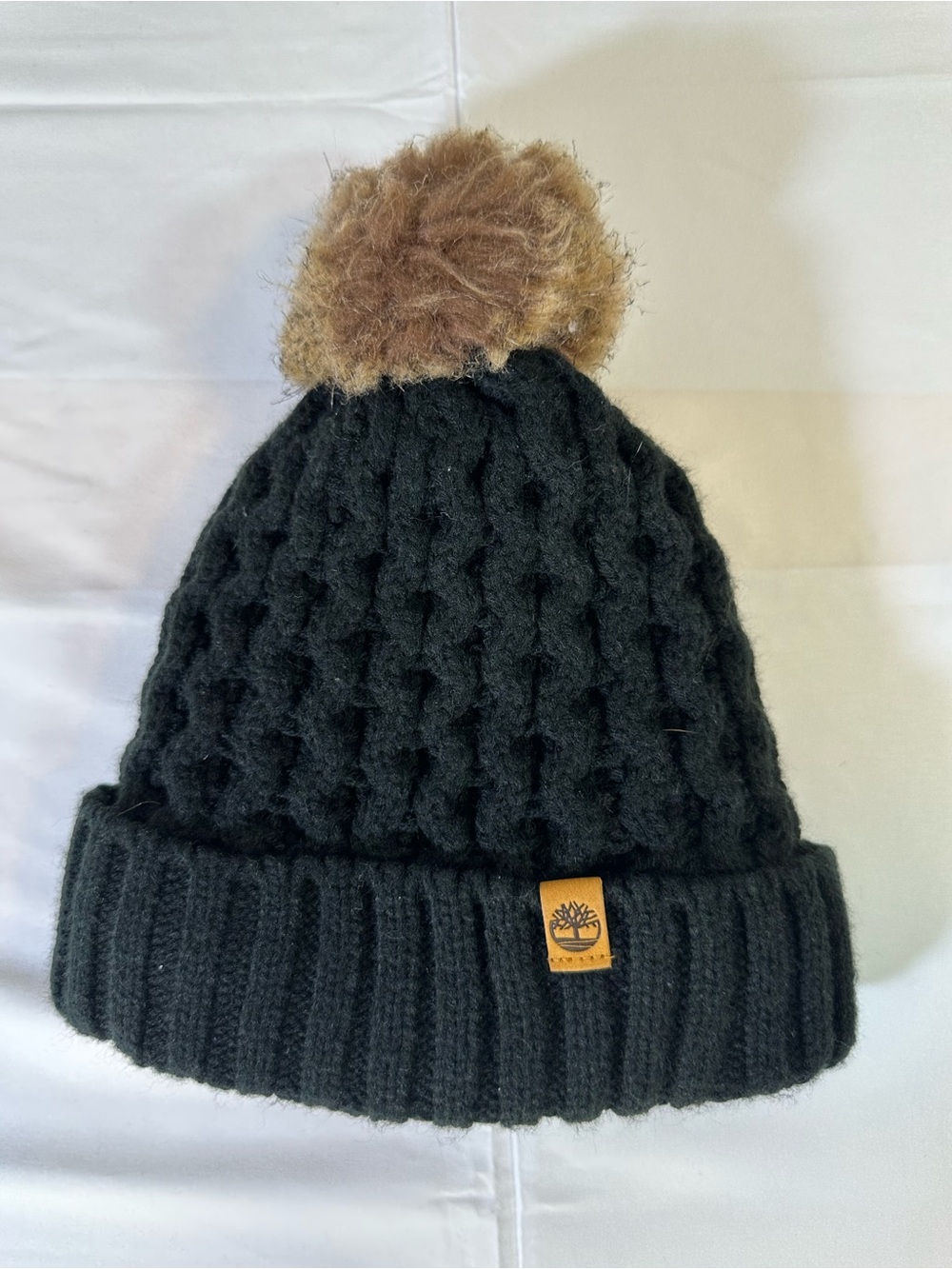 Timberland Black Cable Knit Pom Beanie Hat One Size